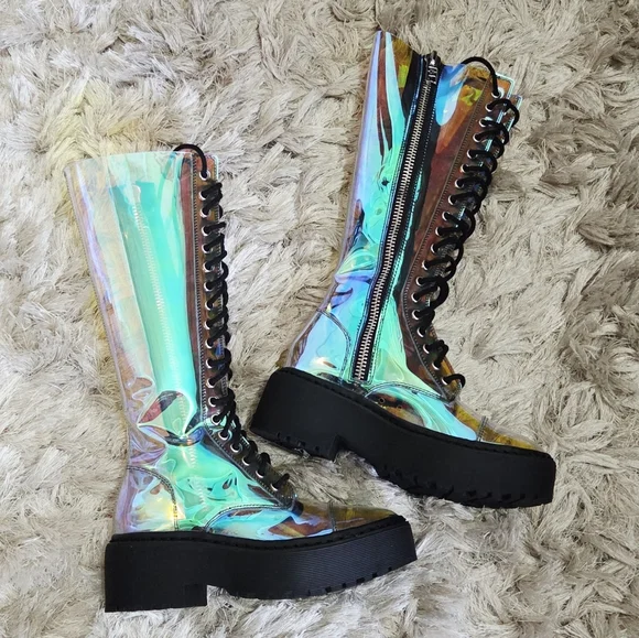 Dolls Kill Iridescent Lace-Up Knee-High Boots - NWOT - Picture 2 of 5